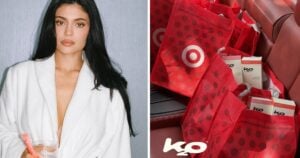 Kylie Jenner holding a k2o by Sprinter hydration stick, alongside Target bags filled with k2o boxes