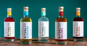 Five Ritual Zero Proof non-alc spirits: aperitif, agave spirit, gin, whiskey, and rum alternatives