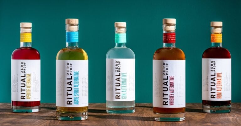 Five Ritual Zero Proof non-alc spirits: aperitif, agave spirit, gin, whiskey, and rum alternatives